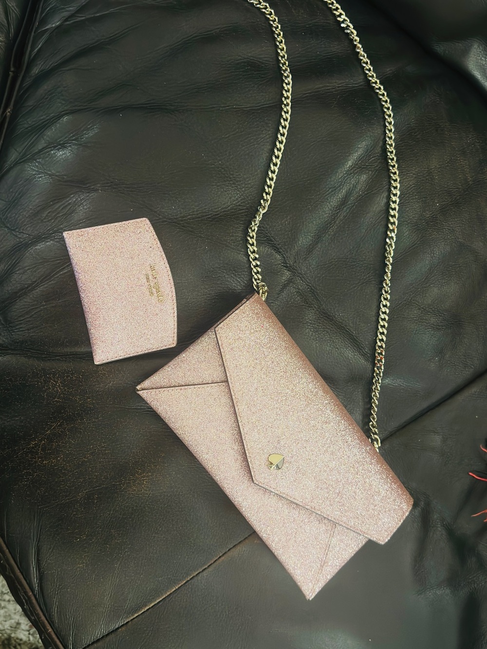 Kate Spade Rose Gold Glitter Envelope Crossbody + Matching Cardholder